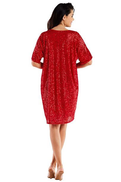 Sukienka luźna cekinowa z dekoltem V krótki rękaw czerwona